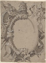 Design for Cartouche with Banners, Drums, Leaves and a Woman's Head with Tiara., 1732-1802.
