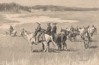On the Head-Waters--Burgess Finding a Ford, ca. 1893. Creator: Frederic Remington.