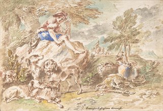 Young Hunter with His Dogs in a Landscape, 1641-1710. Creator: Giovanni Francesco Castiglione.