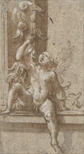 A Putto Seated on a Frame, ca. 1538-40. Creator: Girolamo Mazzola Bedoli.