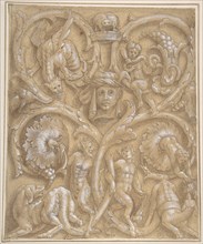 Design for an Ornamental Panel with Rinceaux, Satyrs, Putti, Monsters and a Human Head, 1535-45. Creator: Attributed to Giulio Campi.
