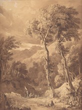 Mountainous Landscape with a Party of Travellers (Scene on the River Pellene Achaia), 1818-29. Creator: Hugh William Williams.