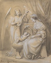 Virgin and Child Adored by a Lute-Playing Angel, 1820-52. Creator: Jean-Jacques Feuchere.