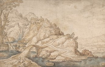 Hilly Landscape with River, Bridge and Houses with Two Figures at Left, late 16th-mid 17th century. Creator: Attributed to Joos de Momper the Younger.