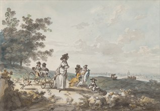 View of London with St. Paul?s in the Distance: Woman and Children with a Baby Carriage, 1787. Creator: Julius Caesar Ibbetson.