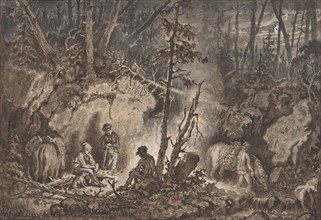 Hunters resting in a forest at night, 1830-60. Creator: Kilian Christoffer Zoll.