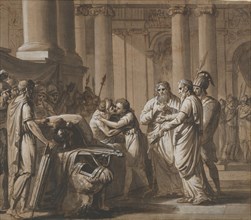 Scene from Roman History, depicting a Youth receiving Armor from a Dying..., late 18th-mid 19th cent Creator: Mathieu Van Brée.