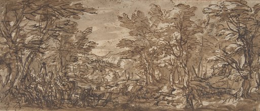 Forest Scene, a Halt at the Left, a Hunt at the Center, 1612-66. Creator: Attributed to Pier Francesco Mola (.