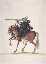 Drawing of a Mounted Arquebusier (Soldier on Horseback), late 16th century. Creator: Unknown.