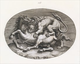 Speculum Romanae Magnificentiae: Lion Attacking a Horse, c1540-80. Creator: Adamo Scultori.