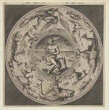 Design for a Plate with Arion Riding a Dolphin in a Medallion Bordered by Sea Monsters..., c1600. Creator: Adriaen Collaert.