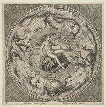 Design for a Plate with Thetis on a Shell in a Medallion Bordered by Sea Monsters, c1600. Creator: Adriaen Collaert.
