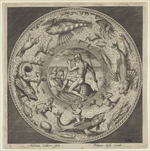 Design for a Plate with Neptune in a Shell Drawn by Horses in a Medallion Bordered by ..., c1600. Creator: Adriaen Collaert.