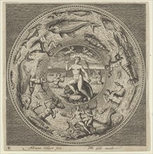 Design for a Plate with Galatea on a Shell Flanked by Trumpeters in a Medallion Border..., c1600. Creator: Adriaen Collaert.