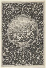 Neptune in a Decorative Frame with Grotesques, from the Judgment of Paris, c1580-1600. Creator: Adriaen Collaert.