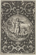 Venus and Cupid in a Decorative Frame with Grotesques, from the Judgment of Paris..., c1580-1600. Creator: Adriaen Collaert.
