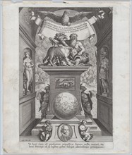 Title page for 'Roman Emperors on Horseback', ca. 1587-89. Creator: Adriaen Collaert.