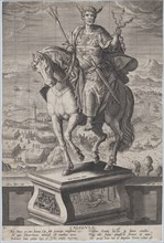 Plate 4: equestrian statue of Caligula, seen three-quarters to the left, wearing a ..., ca. 1587-89. Creator: Adriaen Collaert.