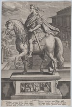 Plate 7: equestrian statue of Galba, in profile to the left, with a beheading scene..., ca. 1587-89. Creator: Adriaen Collaert.