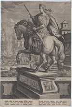 Plate 8: equestrian statue of Otho, seen from behind, his death scene in the backgr..., ca. 1587-89. Creator: Adriaen Collaert.