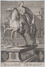 Plate 12: equestrian statue of Domitian, seen three-quarters to the left, with his ..., ca. 1587-89. Creator: Adriaen Collaert.