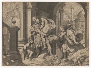 Aeneas and his family fleeing Troy, 1595. Creator: Agostino Carracci.