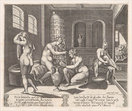 Plate 7: Psyche attended in her bath, from the Story of Cupid and Psyche as told by Apu..., 1530-60. Creator: Agostino Veneziano.