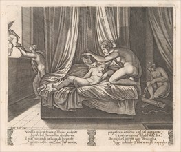 Plate 13: Psyche looking at Cupid, from the Story of Cupid and Psyche as told by Apulei..., 1530-60. Creator: Agostino Veneziano.