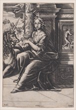 Chastity, a woman seated, a unicorn to her right, c. 1515-30. Creator: Agostino Veneziano.