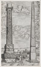 Speculum Romanae Magnificentiae: Column of Antoninus and a Roman Obelisk, 16th cen..., 16th century. Creator: Anon.