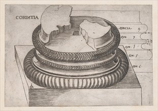 Speculum Romanae Magnificentiae: Corinthian base from the Temple of Mars Ultor, Rome, ..., ca. 1537. Creator: Master GA.