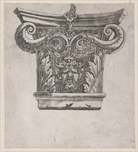 Speculum Romanae Magnificentiae: Capital with peapod volutes and satyr head, ca. 1537., ca. 1537. Creator: Master GA.