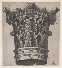 Speculum Romanae Magnificentiae: Capital with heads and masks, ca. 1537., ca. 1537. Creator: Master GA.