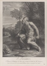 Saint Jerome seated by a tree looking up at a crucifix, a lion drinking water from a strea..., 1728. Creators: Nicolas Chateau, Louis Surugue.