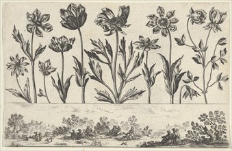 Horizontal Panel with a Row of Flowers Above a Frieze with Figures in a Landscape, from Li..., 1645. Creator: Nicolas Cochin.