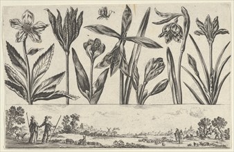 Horizontal Panel with a Row of Flowers Above a Frieze with Figures in a Landscape, from Li..., 1645. Creator: Nicolas Cochin.