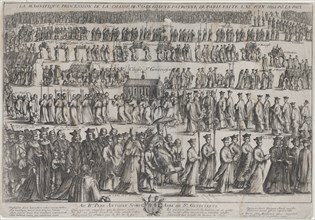 The procession of the casket of St. Genevieve, with clerics and laymen marching in six row..., 1652. Creator: Nicolas Cochin.