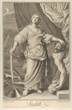 Judith standing and looking up, holding the head of Holofernes in her left hand and..., ca. 1718-61. Creator: Nicolas-Gabriel Dupuis.