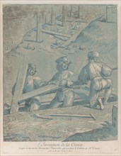 The invention of the cross; three men lifting a cross from a trench; from 'Recueil ..., ca. 1729-64. Creator: Nicolas Le Sueur.