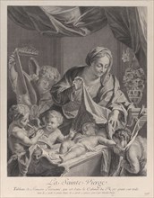 The Virgin holding a cloth above the sleeping Christ child, with musical angels and th..., ca. 1729. Creator: Nicolas Pigne.