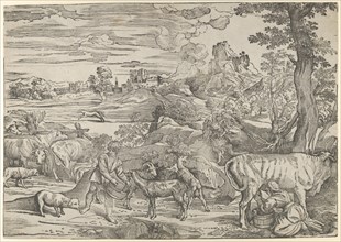 Landscape with a milkmaid at right and a boy at left, ca. 1535-40., ca. 1535-40. Creator: Nicolo Boldrini.