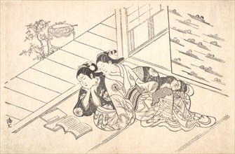 Two Women Reclining on the Floor of a Room and Reading a Book, ca. 1730., ca. 1730. Creator: Nishikawa Sukenobu.