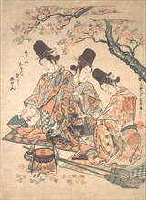 Parody of Palace Servants Heating Sake over a Fire of Maple Leaves , ca. 1750., ca. 1750. Creator: Okumura Masanobu.