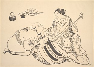 An Oiran Playing the Shamisen to a Young Man Kneeling by Her Side in Rapt Attention. Creator: Unknown.