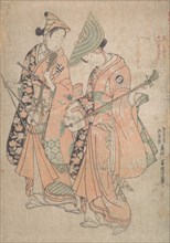 Onoe Kikugoro in the role of Yaoya Oshichi and Nakamura Kiyosaburo as her lover the kosho ..., 1750. Creator: Okumura Masanobu.