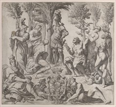Allegorical composition with six Olympian gods gathered around a figure in armor, 1615-35., 1615-35. Creator: Oliviero Gatti.