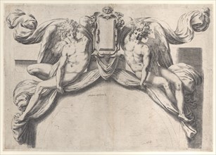 Two angels supporting a cartouche or shield, 1568-77., 1568-77. Creator: Orazio de Sanctis.