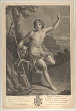 Saint John the Baptist in the desert, seated on a rock and pointing upward with his left h..., 1770. Creators: Guido Reni, Pedro Pascual Moles.