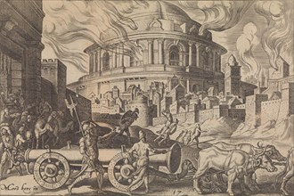 The Chaldeans Carrying Away the Pillars of the Temple of Jerusalem, from The Disasters of ..., 1569. Creator: Philip Galle.