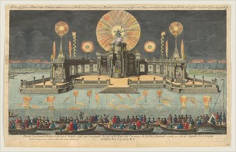 A View of ye Grand Theatre & Fireworks erected on ye Water near ye Court at ye Hague (on O..., 1794. Creator: Robert Laurie.